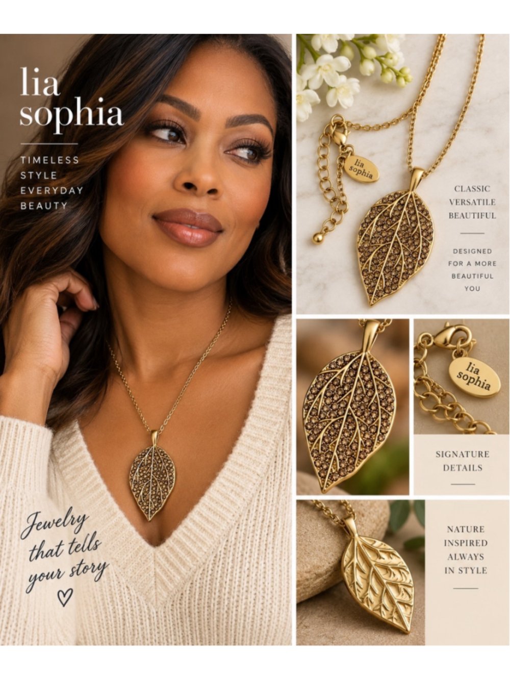 Lia Sophia Gold Crystal Leaf Pendant Necklace Botanical Statement Jewelry